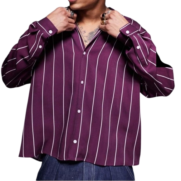 ASOS DESIGN Boxy Striped Shirt in Burgundy Red L - Picture 6 of 10